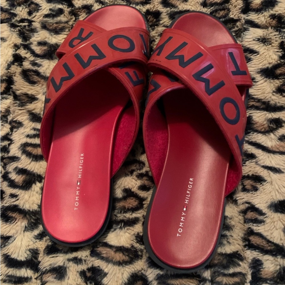 Tommy Hilfiger Red and Black Slide Sandals
